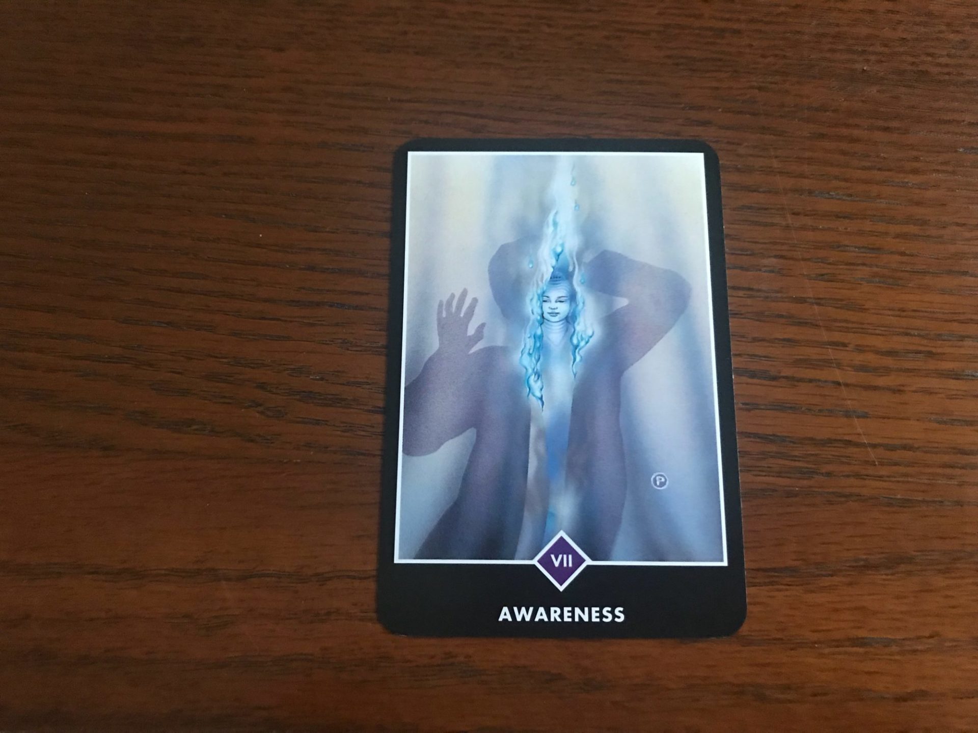 Osho Zen Tarot - Awareness (the Chariot) - A silhouette on a veil is burned through by the cold blue fire of enlightenment, a bodhisattva emerges.